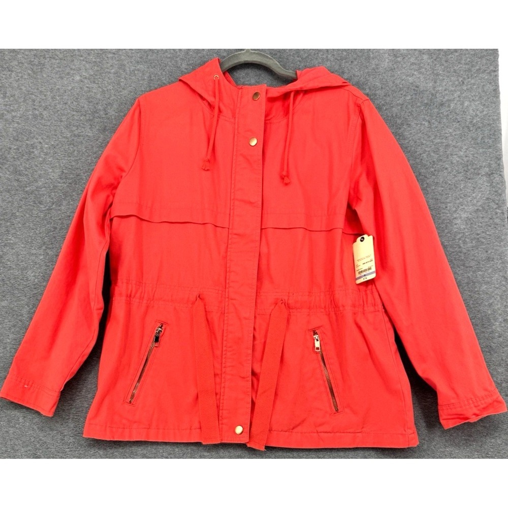 Women's Petite Large Coral Utility Jacket Hooded Cotton Zip Snap Waist